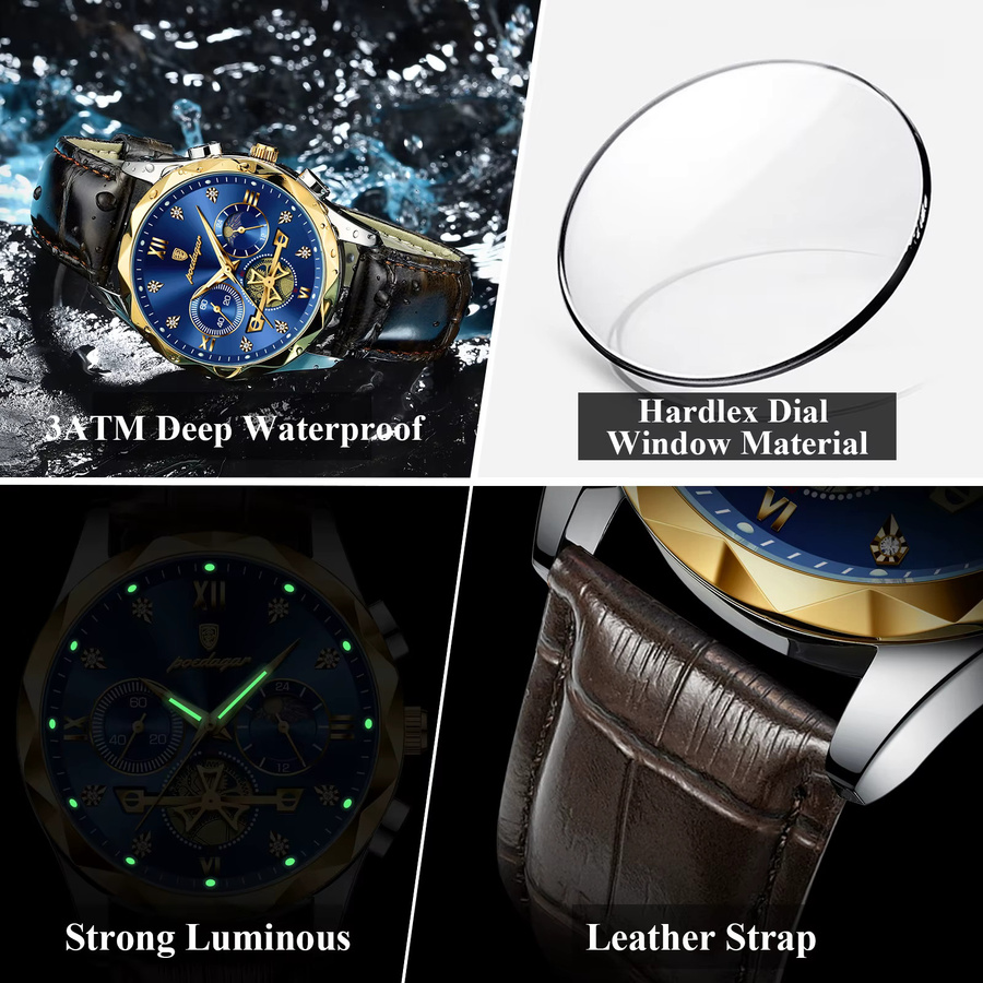 POEDAGAR Armbanduhr Chronograph, Quarz, Leder, Blau, Herren - Bild 4