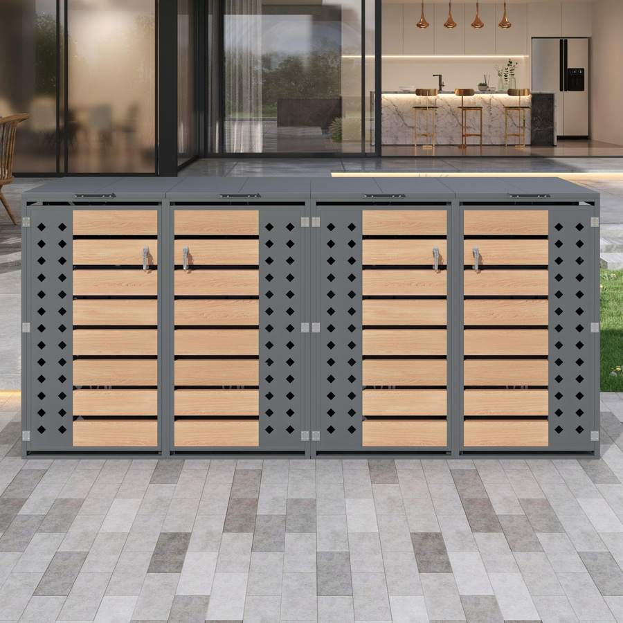 GL Store Mülltonnenbox mit 4-fach Aufbewahrung aus verzinktem Stahl und Holz in Grau und Natur, B/T/H: 264 x 80 x 118,5 cm - Bild 2