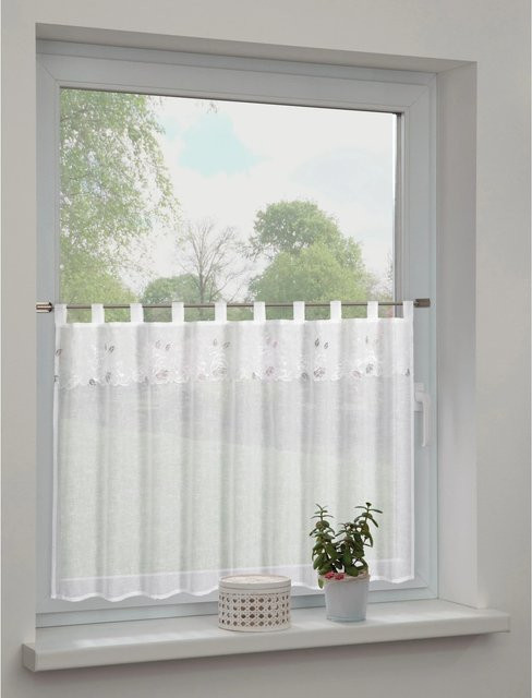 Sehlbach Bistrogardine mit Schlaufen und Rosen-Stickerei in Weiß, B: 135 cm, H: 75 cm - Bild 1