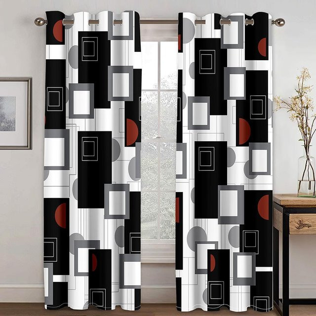 A Family Of Home Textiles Moderne Vorhänge mit abstraktem geometrischem 3D-Print, semi-transparent, Schwarz, 2er-Set, Breite: 75 cm, Höhe: 166 cm - Bild 1
