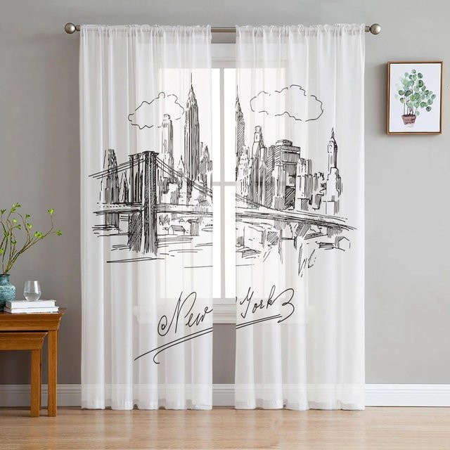 A Family Of Home Textiles Transparentes Tüll-Fensterdekoration mit Schwarz-Weiß Cartoon Graffiti Design, Breite: 135 cm, Höhe: 114 cm - Bild 1
