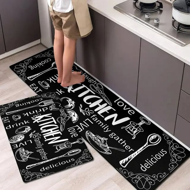 VIKAMA Küchenbodenmatte Kaffee Design, schwarz, rutschfest und maschinenwaschbar - Bild 1