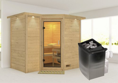 Karibu Sauna Riga 2 für 4 Personen mit 9 kW Saunaofen und integrierter Steuerung, beige - Bild 1