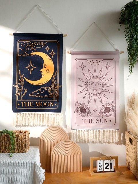 Artilady Wandteppich mit Sonne und Mond im Boho-Stil aus Leinen mit Fransen - Bild 1