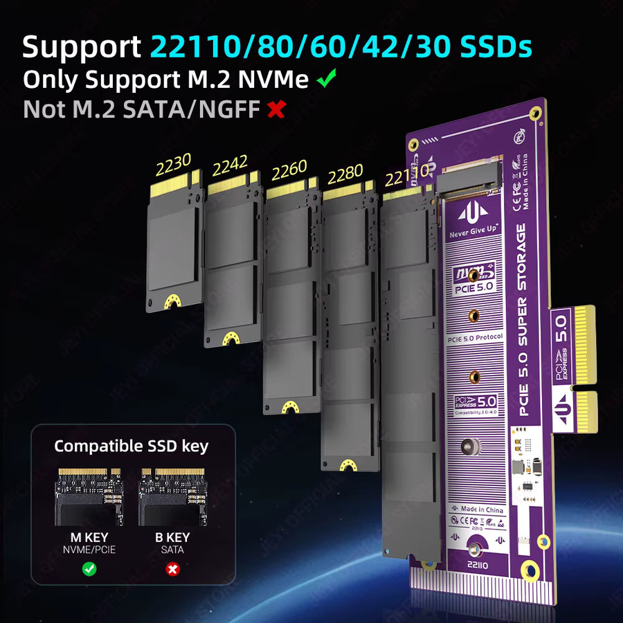 JEYI M.2 NVMe SSD zu PCIe 5.0 Erweiterungskarte mit 128Gbps für X4/X8/X16 Steckplätze, kompatibel mit 22110/2280/60/42/30 SSDs - Bild 4