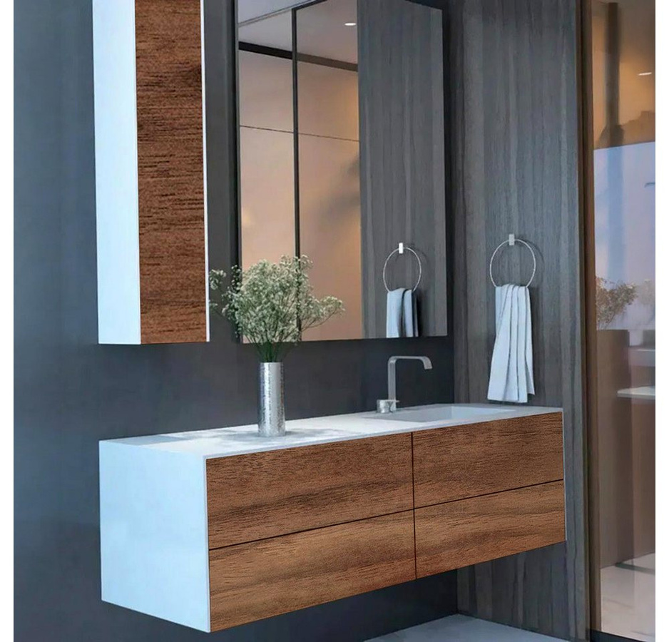 Henneke Waschtisch Corian WoodOne+ mit eckigem Becken rechts und zweireihigem Unterschrank aus Mineralwerkstoff - Bild 1