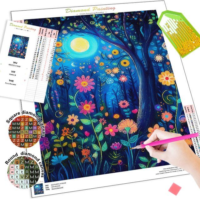 Diamant-Malerei-Set von RUOPOTY mit Landschaftsmotiv als DIY-Handwerk mit runden Strasssteinen, B/H: 30,0 x 20,0 cm - Bild 1