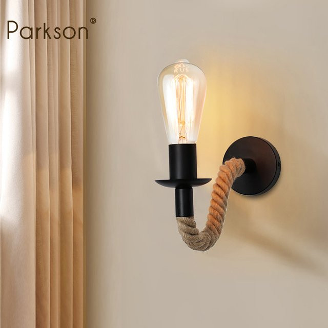 Parkson Vintage Wandleuchte aus Holz und Metall im Industrial Design mit Hanfseil und E27 Fassung, Schwarz/Braun - Bild 1