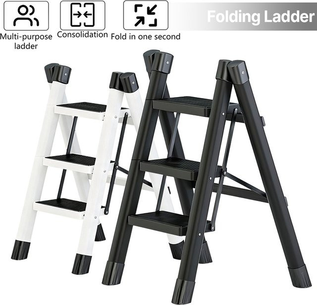 Multifunktionale klappbare 3-Stufen-Leiter mit Aufbewahrungsregal und Tablett in Schwarz, B/T/H: 47,5 x 38,0 x 82,0 cm - Bild 1