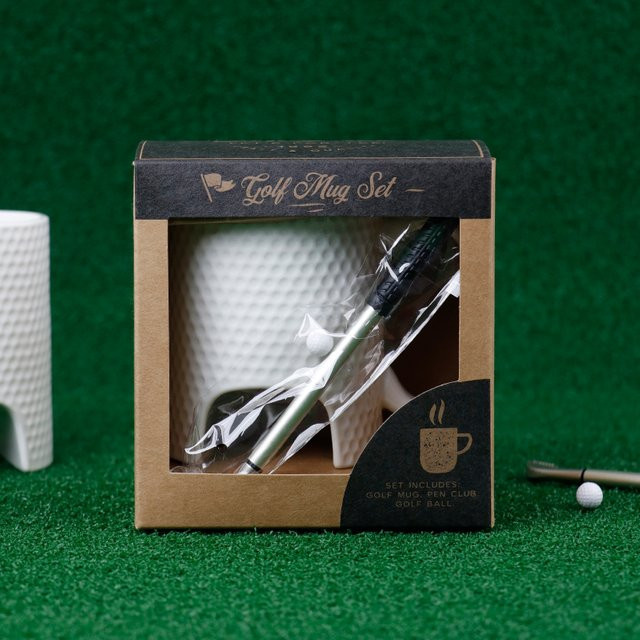 Geschenkset für Golf Liebhaber mit Keramik Tasse in Golf Form und Kugelschreiber aus Metall in Weiß - Bild 1