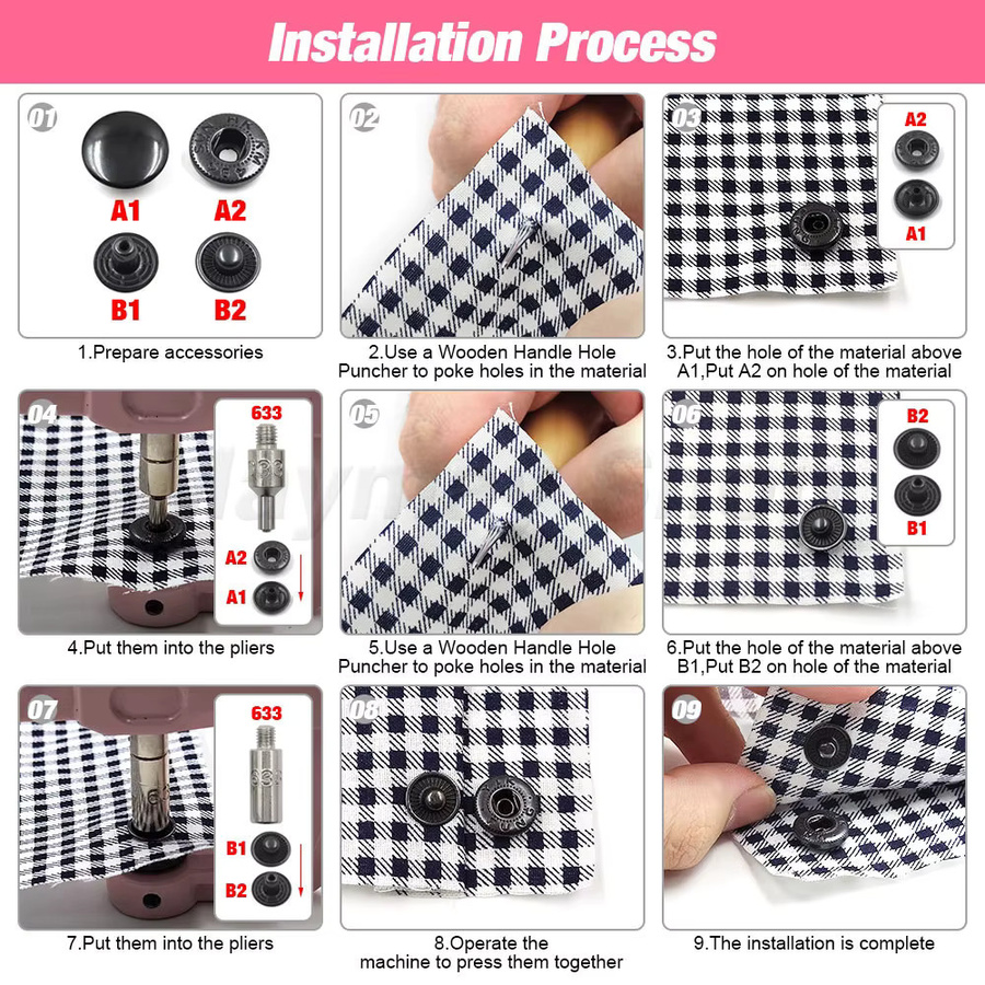 Hamoshop Metall-Druckknopf-Set mit Installationszange in Silber für DIY-Lederhandwerk, Kleidung und Taschen aus Stahl - Bild 3