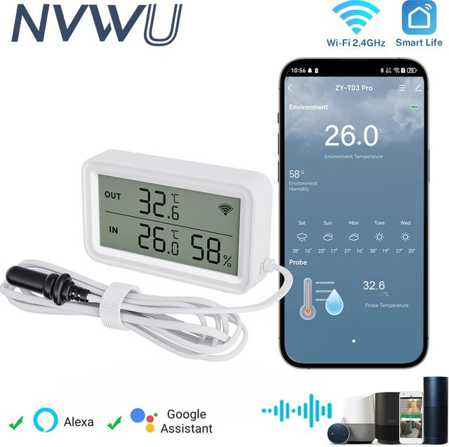Tuya Wi-Fi Temperatur- und Luftfeuchtigkeitsmessgerät mit digitalem LCD-Display und externer Sonde, Weiß - Bild 1