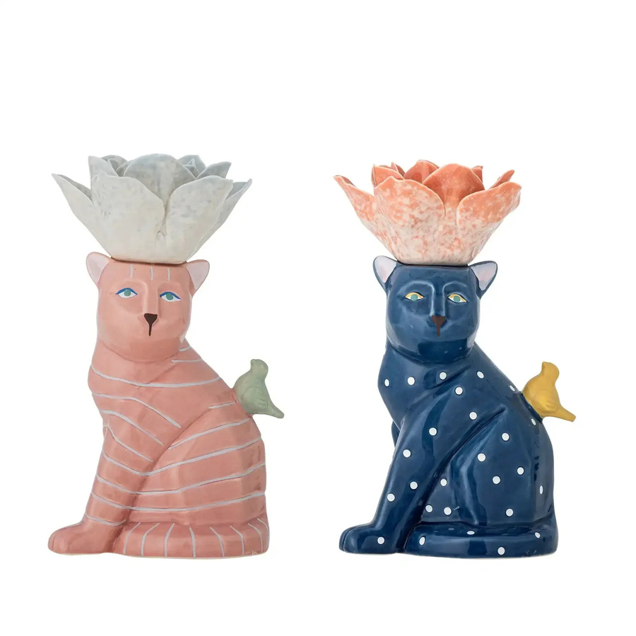 Bloomingville Kerzenhalter Eri aus Steingut in mehrfarbig, 2er-Set mit Katzenmotiv - Bild 1