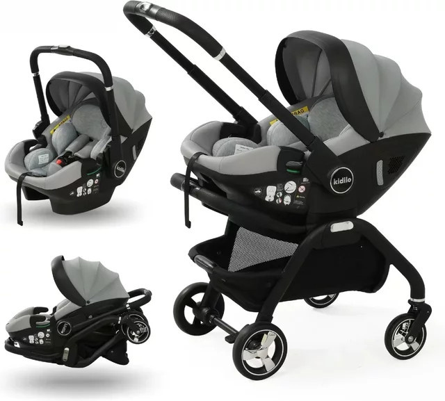 Kidilo 3-in-1 Kombikinderwagen mit Schlafkörbchen und Babyschale in Grün mit verstellbarem Griff - Bild 1