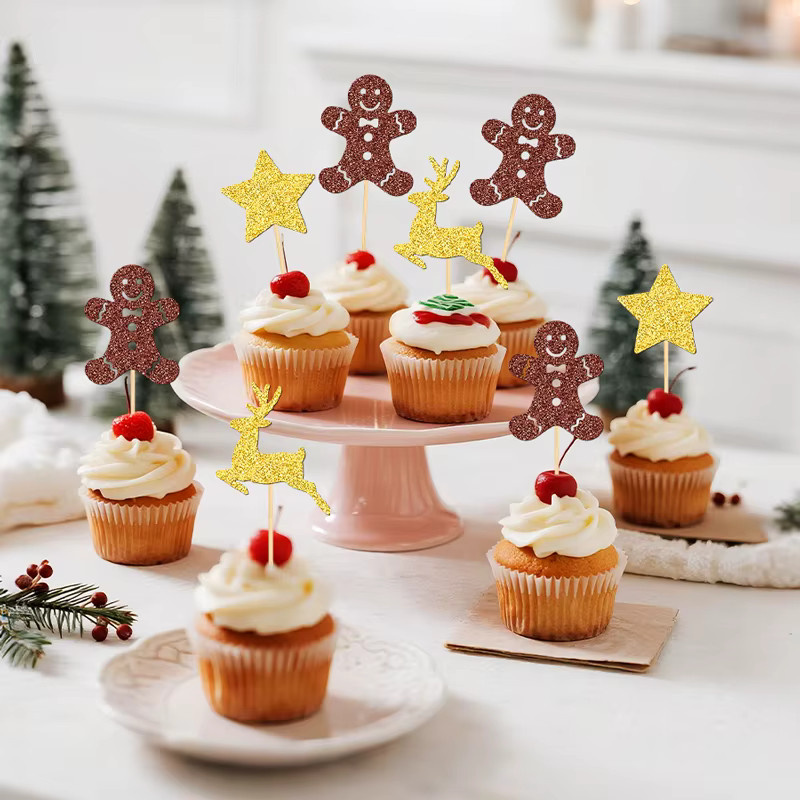 YOMDID 24 Stück Weihnachts-Kuchenaufsätze in Gold und Braun mit Hirsch und Stern als glitzernde Cupcake-Topper und Party-Kuchendekoration - Bild 4