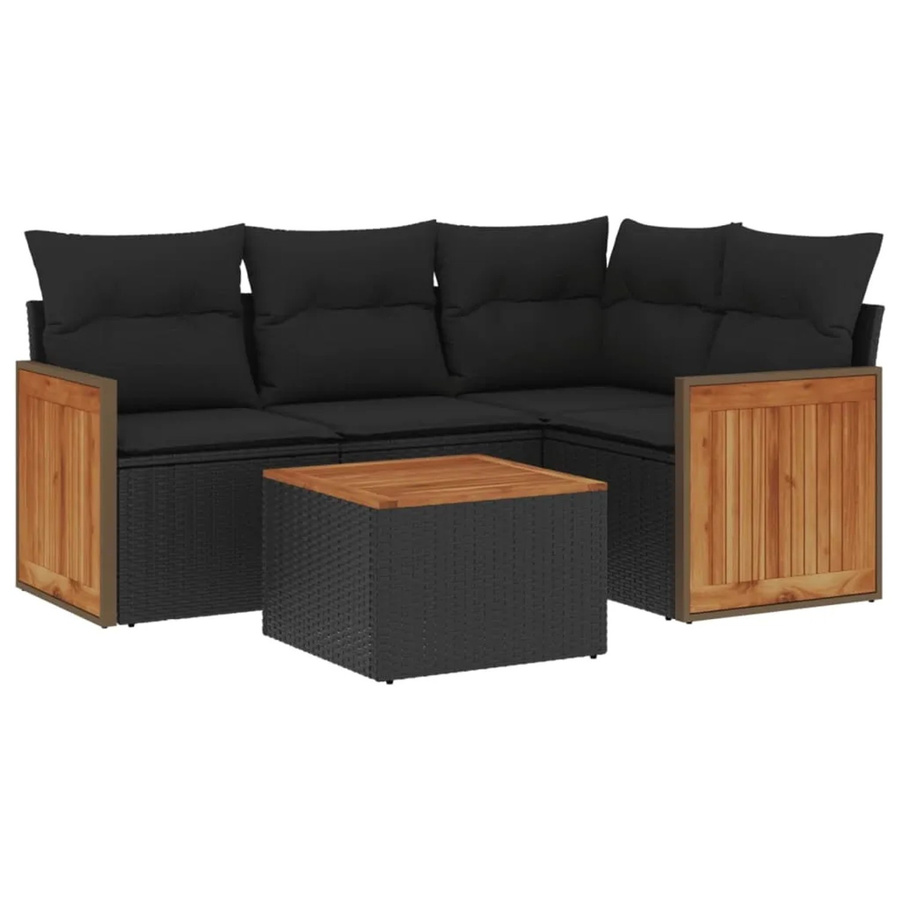 vidaXL 5-teilige Garten-Sofagarnitur in L-Form aus schwarzem Poly-Rattan mit Kissen und Akazienholz - Bild 2