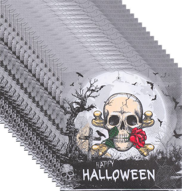 Halloween Papierservietten mit Totenkopf, roter Rose, Fledermaus und Vollmond in Rot und Multicolour - Bild 1