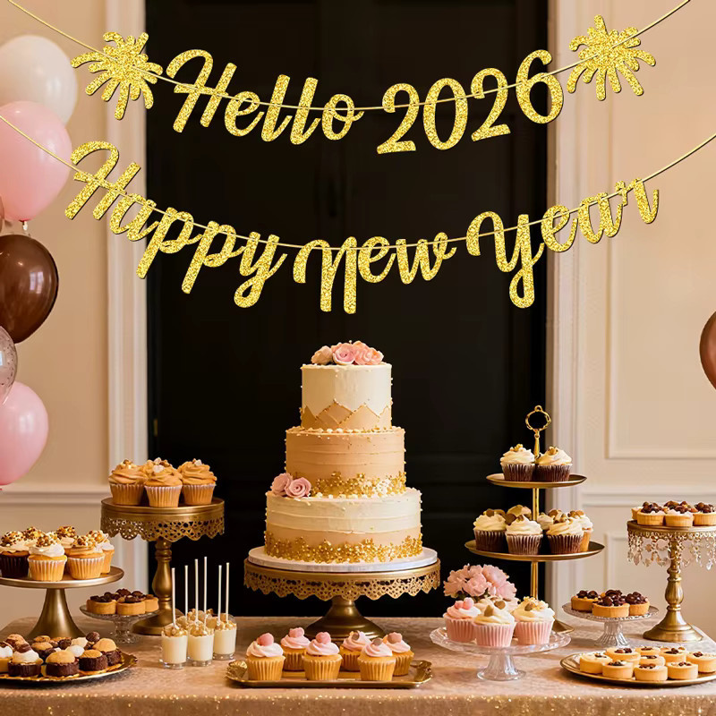 YOMDID Glitzer-Banner Hallo 2026 für deine Silvesterparty in Schwarz und Gold - Bild 3