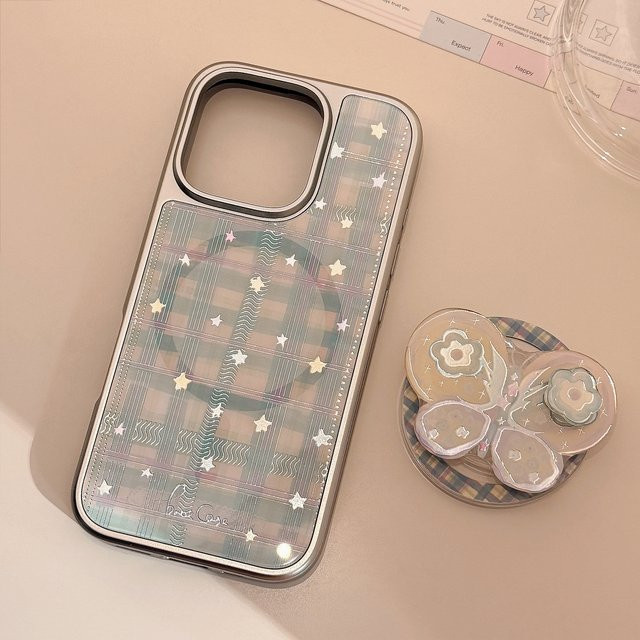 MUQGEW Magnetische iPhone Schutzhülle mit Koreanischem Plaid Sterne und Schmetterling Design in Multicolour, stoßfest für iPhone 17 16 15 14 13 12 Pro Max - Bild 1