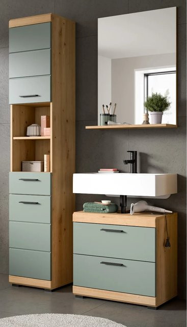 Inn.Furn Badmöbel Set Shawn 3-teilig in Grün und Eiche mit Waschtischunterschrank, Spiegelschrank und Hochschrank - Bild 1