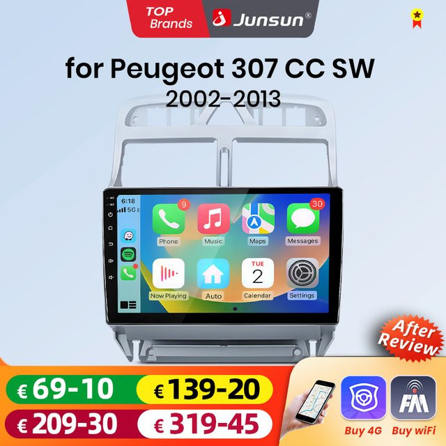 Junsun Android Auto Autoradio mit Wireless Apple CarPlay und 9.0 IPS Touchscreen für Peugeot 307 307CC 307SW, Schwarz, 2 Din Multimedia Videoplayer - Bild 1