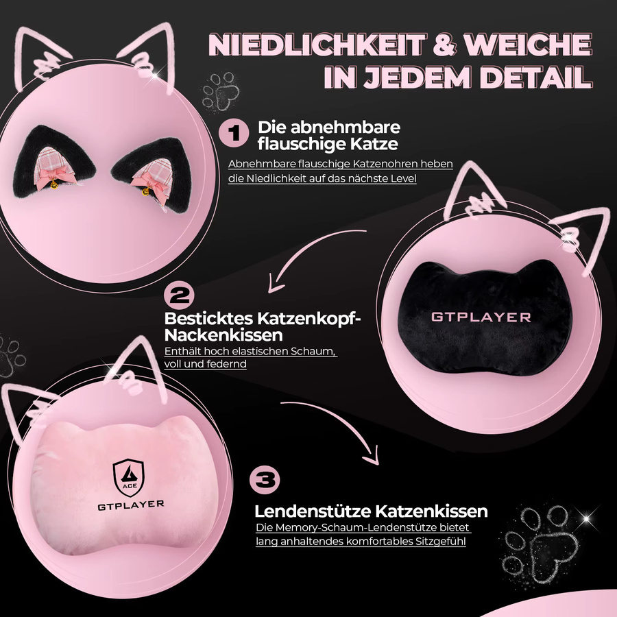 GTPLAYER Gaming Stuhl mit Katzenohren in Rosa aus Samtstoff, ergonomischer Bürostuhl für Home Office und Gaming mit Armlehnen und Kopfstütze, Belastbarkeit bis 150 kg - Bild 2