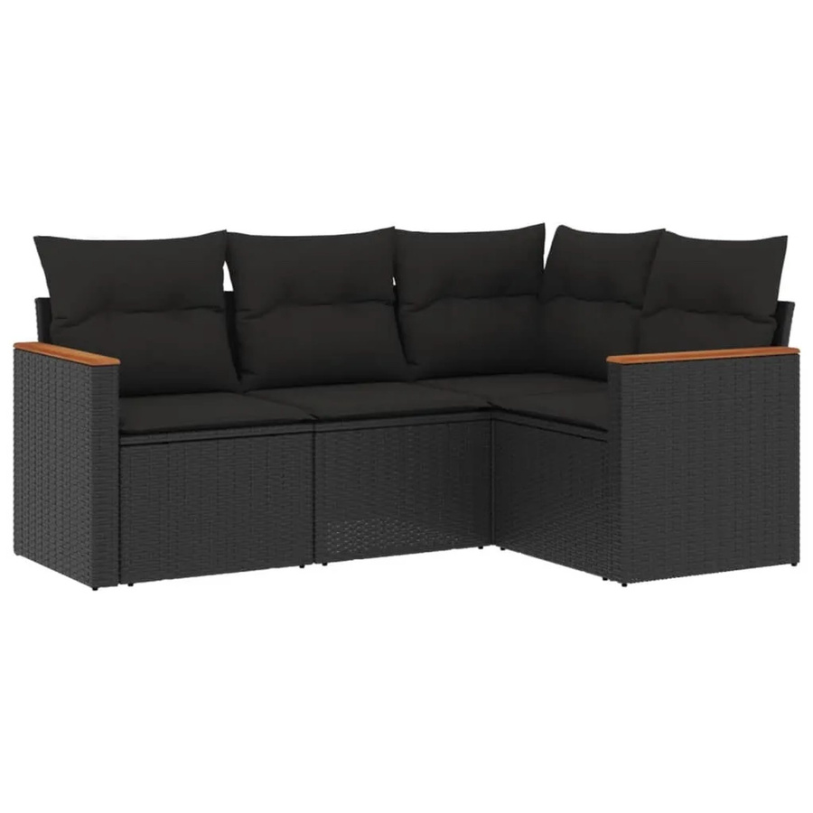 vidaXL 4-tlg Garten-Sofagarnitur in L-Form aus Polyrattan und Akazienholz mit Kissen, Schwarz - Bild 2