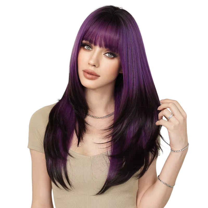 7JHH WIGS Perücke Damen, schwarz-lila Ombré, synthetisch, hitzebeständig - Bild 5