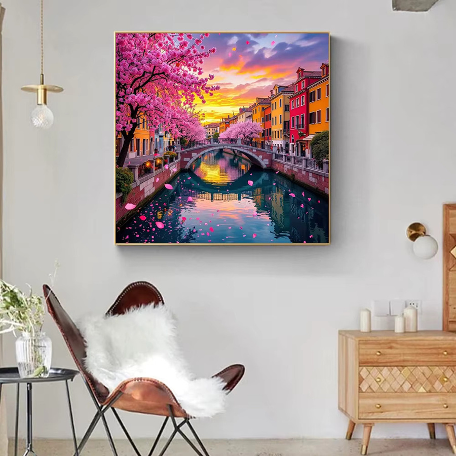 Huacan Diamantmalerei Landschaft mit Sonnenuntergang Stadt und Fluss, abstrakte Diamantstickerei in Multicolour, B/H/T: 20 x 20 x 20 cm - Bild 3