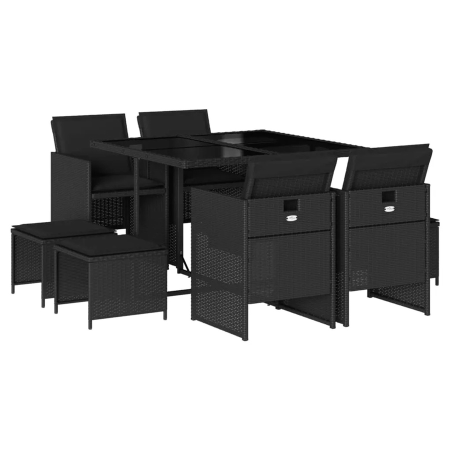 vidaXL 9-tlg Garten-Essgruppe aus PE-Rattan mit Kissen und Hartglas in Schwarz - Bild 2