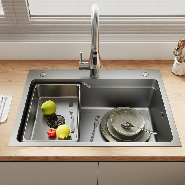 SONNI Edelstahl Küchenspüle aus 304 SUS mit Wasserhahn, Abtropfkorb und Abfallsieb, Einbauspüle als Unterbauspüle, B/T: 70 x 48 cm - Bild 1