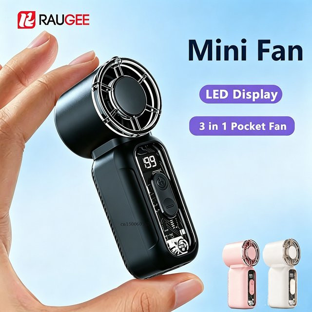 Mini-Handventilator von raugee, tragbarer USB-Akku-Nackenventilator mit Digitalanzeige in Schwarz - Bild 1