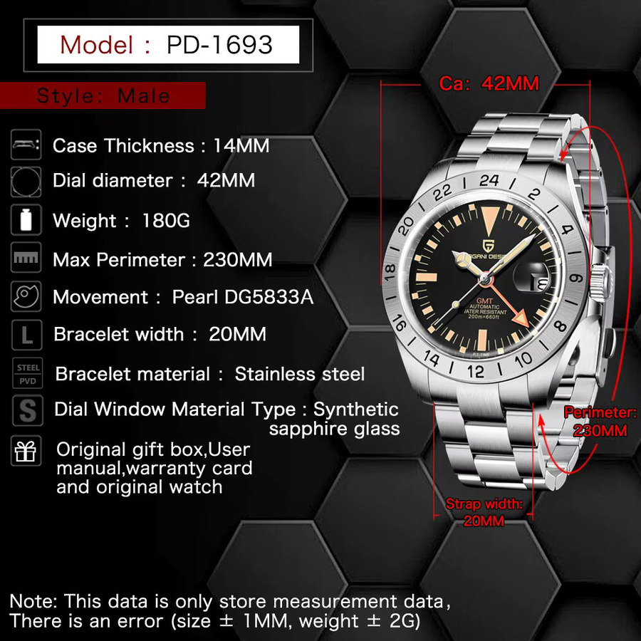 PAGANI DESIGN Armbanduhr, GMT, Automatik, Edelstahl, Schwarz, Herren - Bild 2