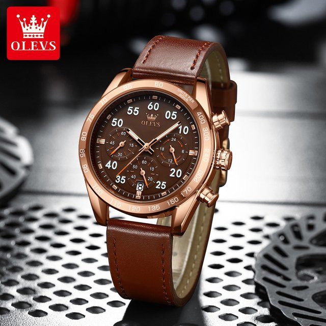OLEVS Chronograph, Quarz, Leder, Roségold, Schwarz, Herren - Bild 1