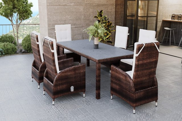 OUTFLEXX Garten-Essgruppe aus Polyrattan in Braun Marmoriert mit Tisch und 6 verstellbaren Dining Sesseln, Tisch B: 180 cm, T: 100 cm - Bild 1