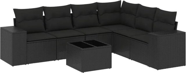 vidaXL 7-tlg Garten-Sofagarnitur in L-Form aus schwarzem Poly-Rattan mit UV-beständigen Kissen und pulverbeschichtetem Stahlgestell - Bild 1