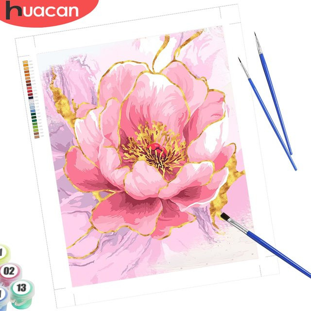 HUACAN Malen nach Zahlen für Erwachsene mit rosa Pfingstrosen-Blumen, handgemaltes Kunst-Set mit bunter Leinwand zur Heimdekoration - Bild 1