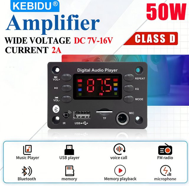 KEBIDU 50W Bluetooth-Verstärker Auto-Audioplayer in Schwarz mit FM-Radio, MP3-Player und Freisprechfunktion - Bild 1