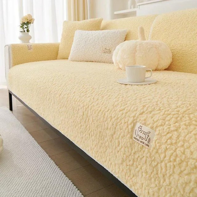 Weiches Sofakissen mit Lammfleece-Imitat in Gelb, rutschfester Couch-Schonbezug für Wohnzimmer, B/H: 30 x 50 cm - Bild 1
