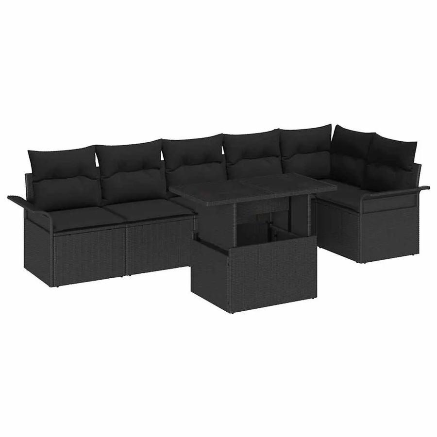 vidaXL 7-teiliges Garten Sofa Set in L-Form mit Kissen, Schwarz, Poly Rattan und Stahlrahmen - Bild 2