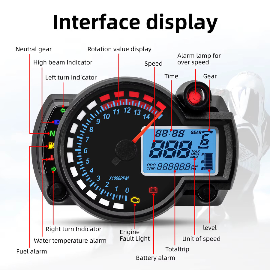 MAIMEIMI Motorrad Universal Digital Tachometer 12V mit Sicherheitsalarm, LED LCD Wassertemperaturanzeige und N Gang Anzeige in Schwarz - Bild 2