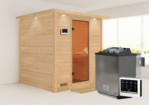 Karibu Sauna Sindi Bio-Kombi-Sauna für 4 Personen mit 9 kW Saunaofen und externer Steuerung, beige, B/T/H: 221 x 198 x 212 cm - Bild 1