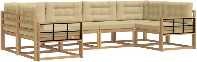 vidaXL Outdoor-Sofagarnitur in L-Form aus Akazienholz mit Kissen in Weiß und Beige - Bild 1