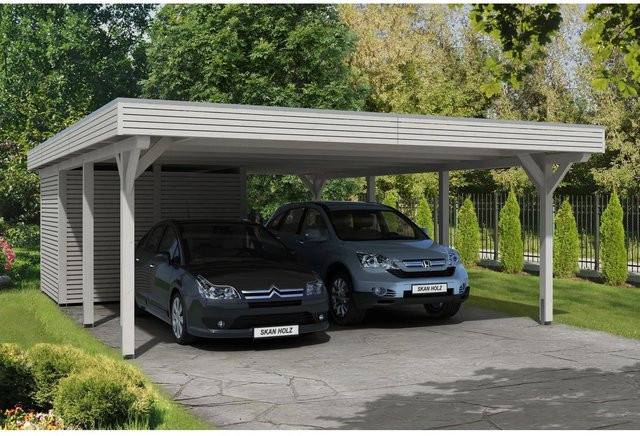 Skan Holz Carport Spessart aus Fichte Leimholz mit Abstellraum und Aluminium-Dachplatten in Weiß, B: 611 cm, T: 846 cm, H: 258 cm - Bild 1
