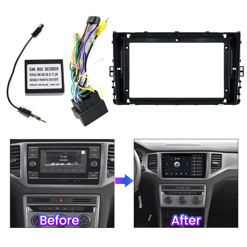 MEKEDE Autoradio-Lünette für VW 2018 in Schwarz mit Canbus Decoder und Kabelbaum für Multimedia-Player und Armaturenbrett-Montage - Bild 2