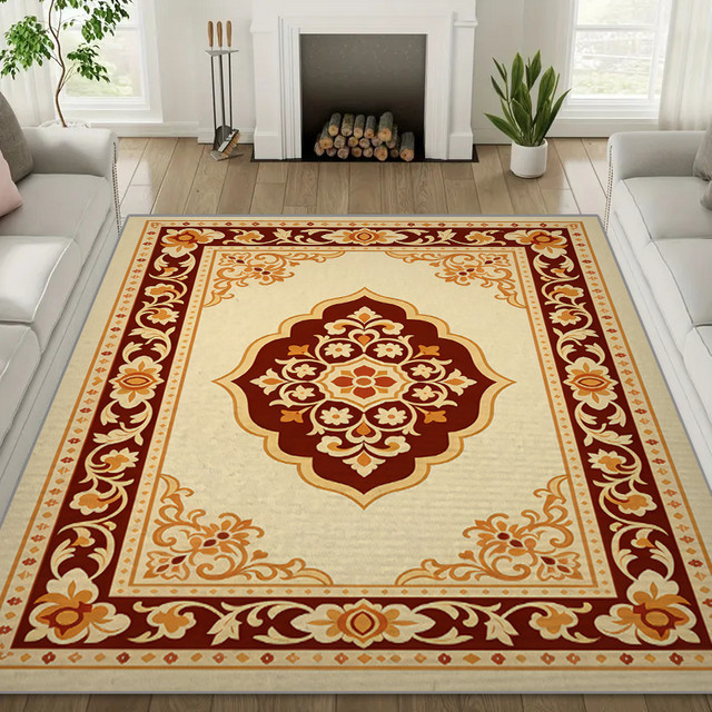 RAKKS Retro Wohnzimmerteppich in Rotgold mit achteckigem Stern- und Blumenrahmen-Design - Bild 1