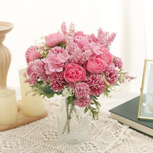 Uflower Künstlicher Blumenstrauß aus Seide mit Hortensien und Pfingstrosen in Pink und Lila, Höhe: 34 cm - Bild 1