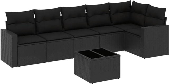 vidaXL 7-tlg Garten-Sofagarnitur in L-Form aus schwarzem Poly-Rattan mit Kissen und pulverbeschichtetem Stahlgestell - Bild 1