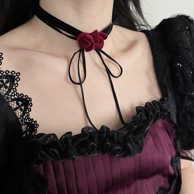 Halskette Damen, Samtblumen, Retro-Schleife, Schwarz, Rot, Vintage - Bild 1