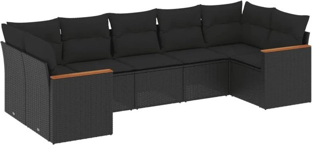 vidaXL 7-tlg Garten-Sofagarnitur in L-Form aus Poly-Rattan und Akazienholz mit Kissen, Schwarz - Bild 1